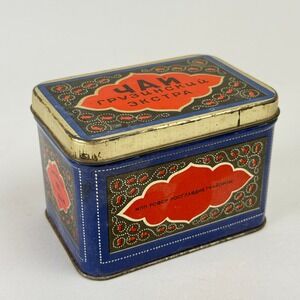 Vintage Soviet Tea Tin Box Russian Blue Red 100g Good USSR Georgian Extra Tea